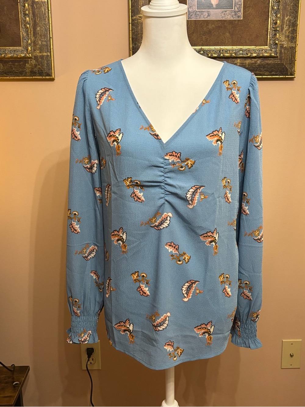 Blue V-Neck Paisley Print Blouse